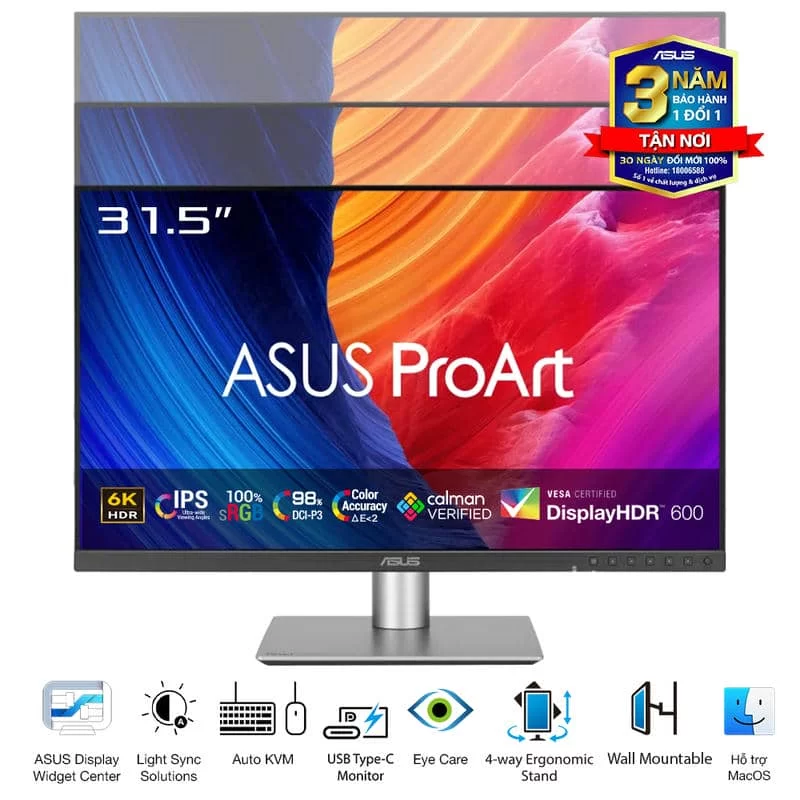 ASUS ProArt PA32QCV Professional Monitor - 32” IPS, 16:9, UHD 6K (6016 x 3384), ΔE < 2, Calman Verified, USB-C 96W, 60Hz, Ergonomic Stand 4 ASUS ProArt PA32QCV Professional Monitor - 32” IPS, 16:9, UHD 6K (6016 x 3384), ΔE < 2, Calman Verified, USB-C 96W, 60Hz, Ergonomic Stand - Ảnh 4