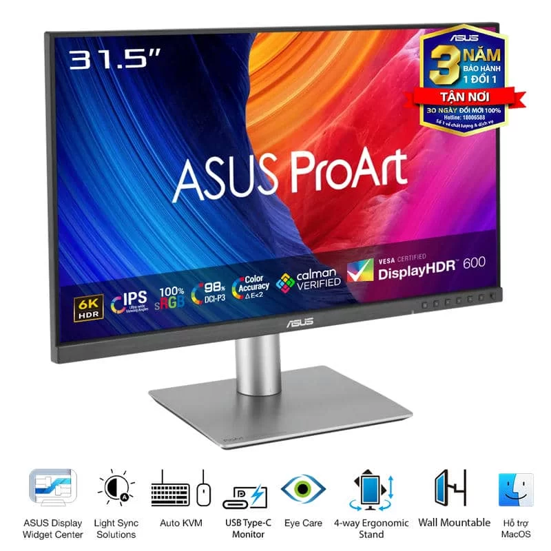 ASUS ProArt PA32QCV Professional Monitor - 32” IPS, 16:9, UHD 6K (6016 x 3384), ΔE < 2, Calman Verified, USB-C 96W, 60Hz, Ergonomic Stand 6 ASUS ProArt PA32QCV Professional Monitor - 32” IPS, 16:9, UHD 6K (6016 x 3384), ΔE < 2, Calman Verified, USB-C 96W, 60Hz, Ergonomic Stand - Ảnh 6
