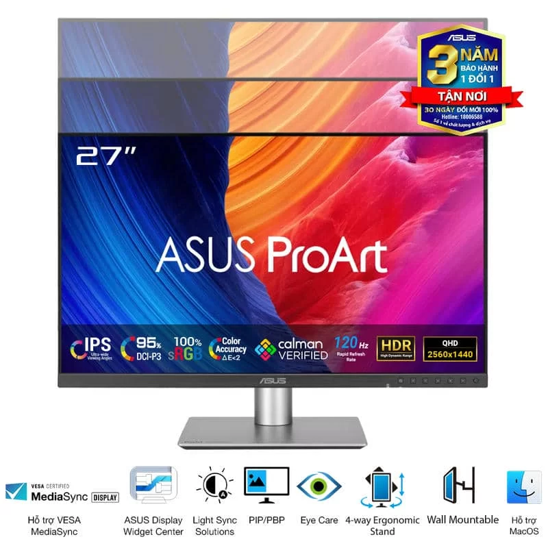 ASUS ProArt PA278QGV (PA278QV Gen2) Professional Monitor - 27 inch, IPS, WQHD (2560 x 1440), 100% sRGB, ΔE < 2, Calman Verified, ProArt Preset, ProArt Palette, Ergonomic Stand 3 ASUS ProArt PA278QGV (PA278QV Gen2) Professional Monitor - 27 inch, IPS, WQHD (2560 x 1440), 100% sRGB, ΔE < 2, Calman Verified, ProArt Preset, ProArt Palette, Ergonomic Stand - Ảnh 3