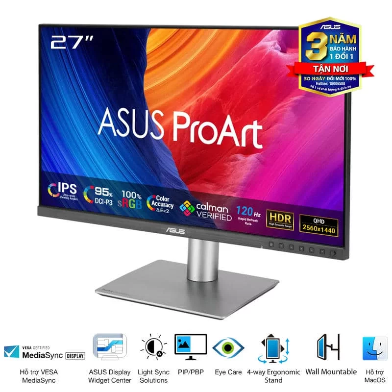 ASUS ProArt PA278QGV (PA278QV Gen2) Professional Monitor - 27 inch, IPS, WQHD (2560 x 1440), 100% sRGB, ΔE < 2, Calman Verified, ProArt Preset, ProArt Palette, Ergonomic Stand 4 ASUS ProArt PA278QGV (PA278QV Gen2) Professional Monitor - 27 inch, IPS, WQHD (2560 x 1440), 100% sRGB, ΔE < 2, Calman Verified, ProArt Preset, ProArt Palette, Ergonomic Stand - Ảnh 4