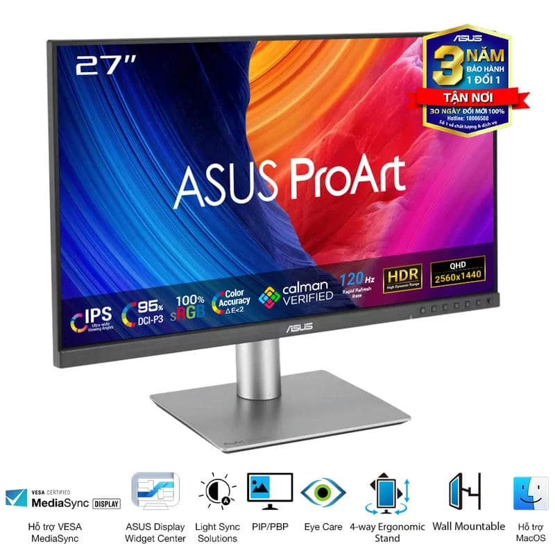 ASUS ProArt PA278QGV (PA278QV Gen2) Professional Monitor - 27 inch, IPS, WQHD (2560 x 1440), 100% sRGB, ΔE < 2, Calman Verified, ProArt Preset, ProArt Palette, Ergonomic Stand 5 ASUS ProArt PA278QGV (PA278QV Gen2) Professional Monitor - 27 inch, IPS, WQHD (2560 x 1440), 100% sRGB, ΔE < 2, Calman Verified, ProArt Preset, ProArt Palette, Ergonomic Stand - Ảnh 5