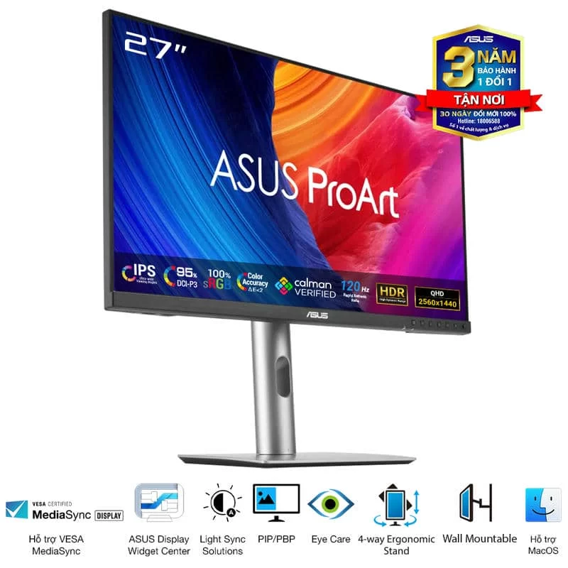 ASUS ProArt PA278QGV (PA278QV Gen2) Professional Monitor - 27 inch, IPS, WQHD (2560 x 1440), 100% sRGB, ΔE < 2, Calman Verified, ProArt Preset, ProArt Palette, Ergonomic Stand 6 ASUS ProArt PA278QGV (PA278QV Gen2) Professional Monitor - 27 inch, IPS, WQHD (2560 x 1440), 100% sRGB, ΔE < 2, Calman Verified, ProArt Preset, ProArt Palette, Ergonomic Stand - Ảnh 6