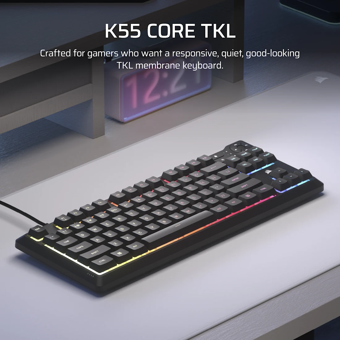 CORSAIR K55 CORE TKL RGB Gaming Keyboard - Black, Tenkeyless, 8-Zone RGB, Quiet Membrane Keys, Spill Resistant, Media Keys, 1000Hz Polling 3 CORSAIR K55 CORE TKL RGB Gaming Keyboard - Black, Tenkeyless, 8-Zone RGB, Quiet Membrane Keys, Spill Resistant, Media Keys, 1000Hz Polling - Ảnh 3