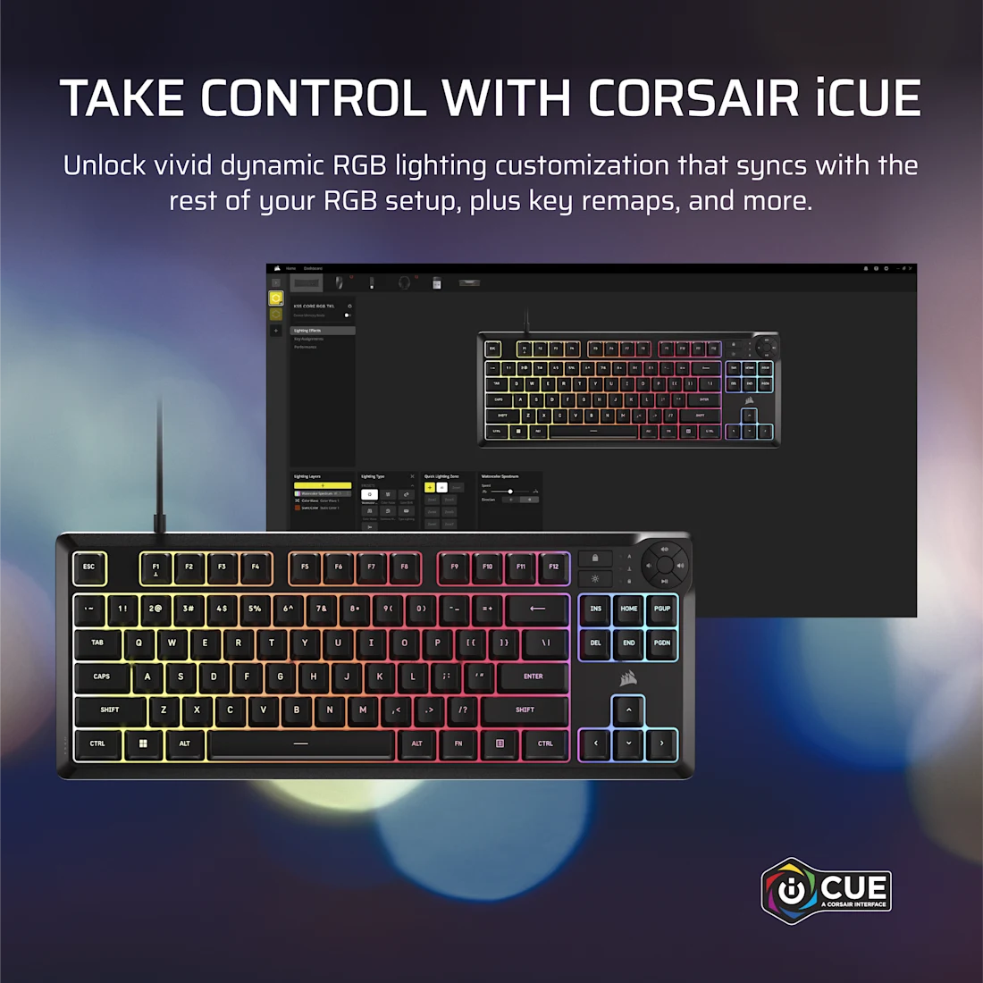 CORSAIR K55 CORE TKL RGB Gaming Keyboard - Black, Tenkeyless, 8-Zone RGB, Quiet Membrane Keys, Spill Resistant, Media Keys, 1000Hz Polling 8 CORSAIR K55 CORE TKL RGB Gaming Keyboard - Black, Tenkeyless, 8-Zone RGB, Quiet Membrane Keys, Spill Resistant, Media Keys, 1000Hz Polling - Ảnh 8
