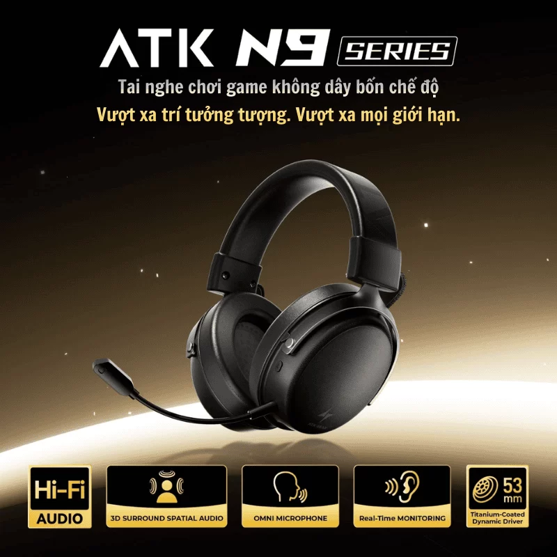 ATK Neptune N9 Ultra Esports Gaming Wireless Headset - Noise-canceling, 4 modes, 130h Battery 2 ATK Neptune N9 Ultra Esports Gaming Wireless Headset - Noise-canceling, 4 modes, 130h Battery - Ảnh 2