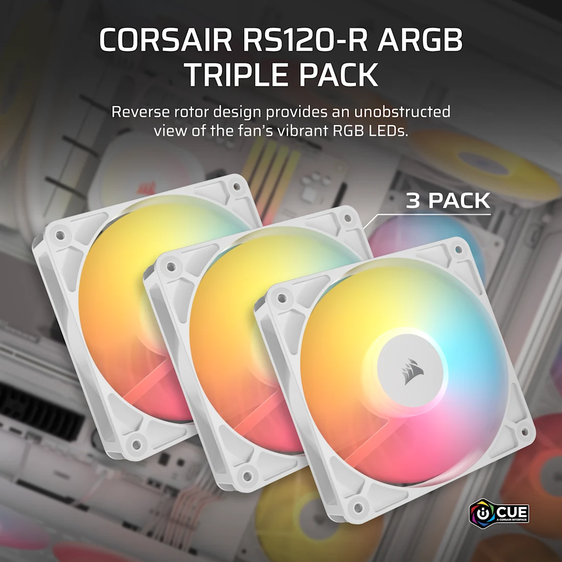 Corsair RS120-R Reverse Triple Pack White (CO-9050197-WW) Fans - 3x120mm 2100RPM Static Pressure RGB Fan, Daisy Chain 4 Pin PWM, +5V ARGB Connections 6 Corsair RS120-R Reverse Triple Pack White (CO-9050197-WW) Fans - 3x120mm 2100RPM Static Pressure RGB Fan, Daisy Chain 4 Pin PWM, +5V ARGB Connections - Ảnh 6