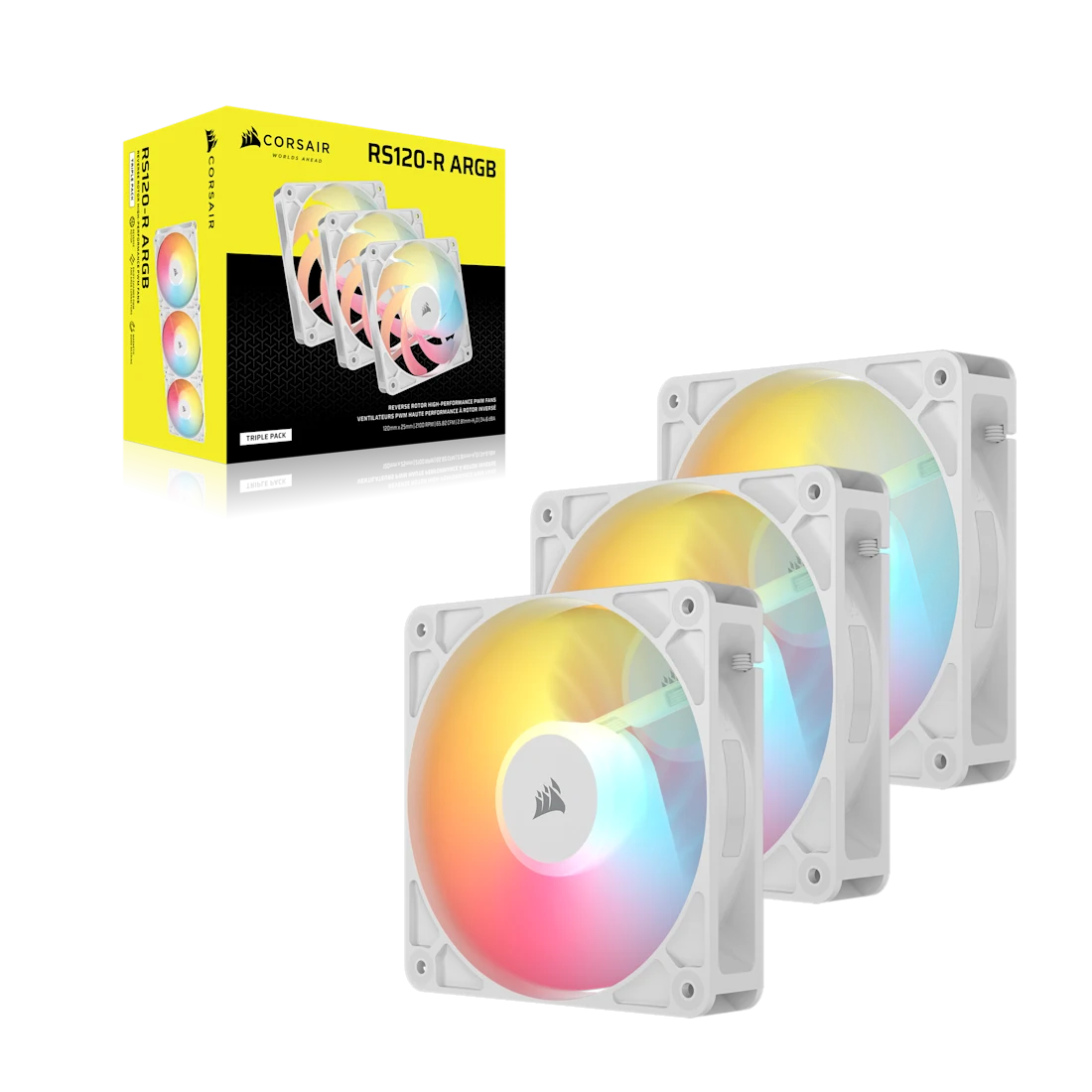 Corsair RS120-R Reverse Triple Pack White (CO-9050197-WW) Fans - 3x120mm 2100RPM Static Pressure RGB Fan, Daisy Chain 4 Pin PWM, +5V ARGB Connections 2 Corsair RS120-R Reverse Triple Pack White (CO-9050197-WW) Fans - 3x120mm 2100RPM Static Pressure RGB Fan, Daisy Chain 4 Pin PWM, +5V ARGB Connections - Ảnh 2