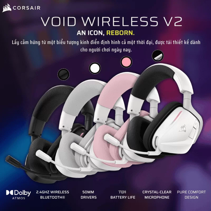 CORSAIR VOID Wireless V2 Gaming Headset - 2.4GHz wireless, Bluetooth, 50mm driver, 70H battery, Crystal clear microphone 1 CORSAIR VOID Wireless V2 Gaming Headset - 2.4GHz wireless, Bluetooth, 50mm driver, 70H battery, Crystal clear microphone