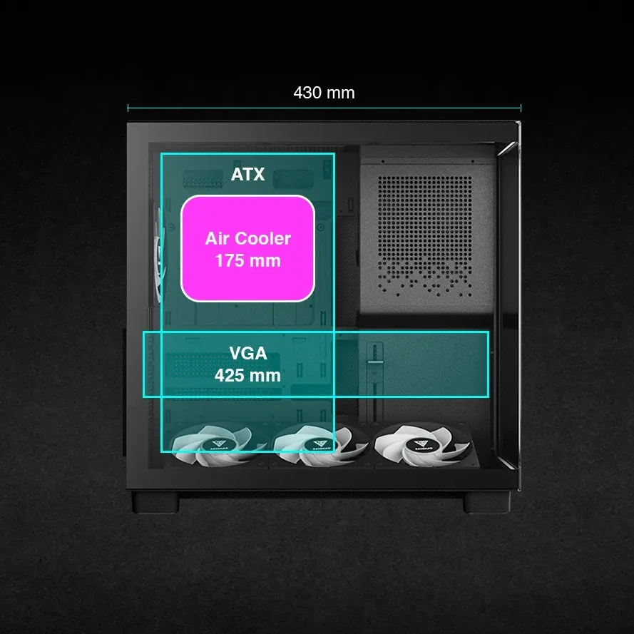 Không gian lắp ráp của case Mid Tower GAMDIAS case Mid Tower GAMDIAS hỗ trợ mainboard full-size