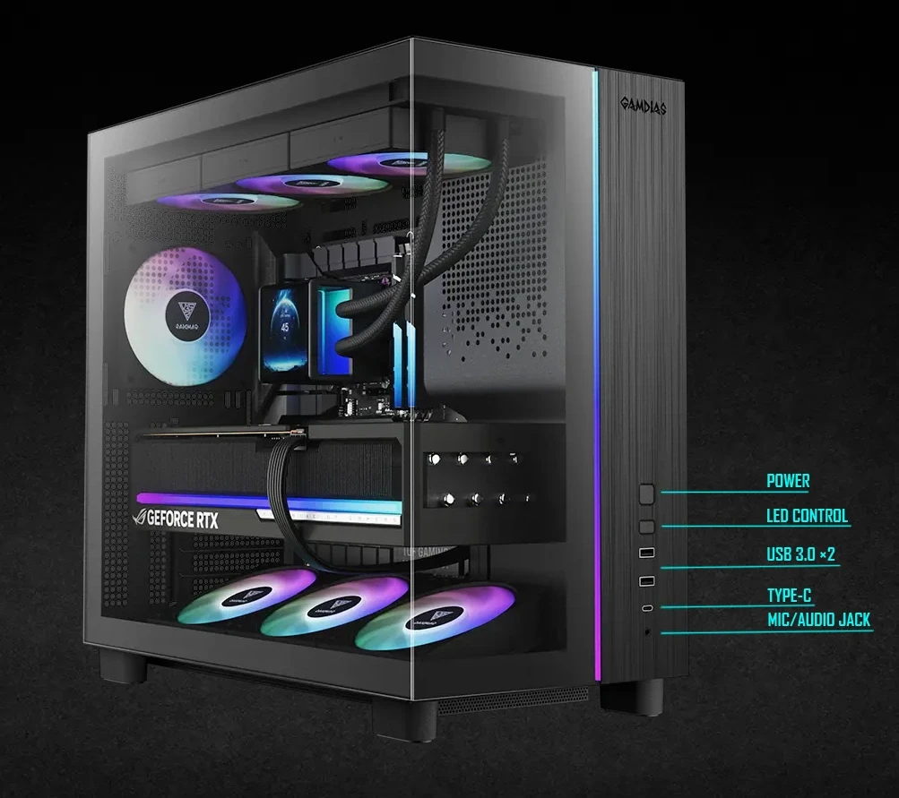 Cổng kết nối I/O hiện đại mặt trước GAMDIAS gaming case tích hợp cổng Type-C
