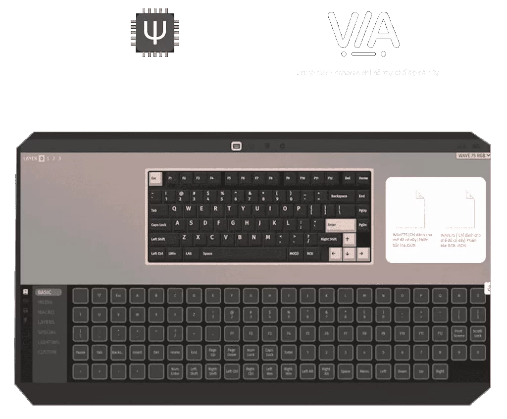 PMO WAVE75 Pro QMK Aluminum Mechanical Keyboard - 75%, 3-mode, FR4, Snow (Kailh), 8000mAh, PVD stainless steel weight 48 Bàn phím Wave 75 Pro hỗ trợ QMK VIA